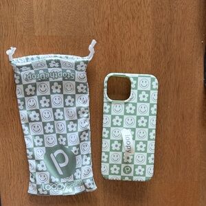 Loopy Case Mint Green Checkerboard Smiley & Flower iPhone Case with Pouch
